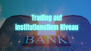 Bild Bankgebäude und Test Neon Blau "Trading auf institutionellem Niveau".